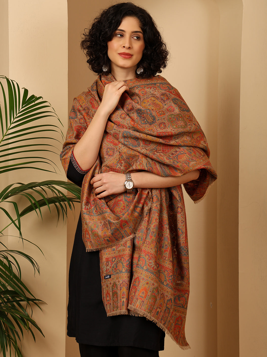 Tweedle Wool Blend Kani Shawl for Women – Beige, Size – 40x80