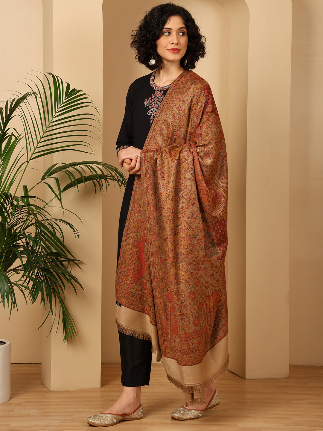 Tweedle Women’s Jamawar Shawl, Faux Pashmina - Beige, Size 40 x 80 inches