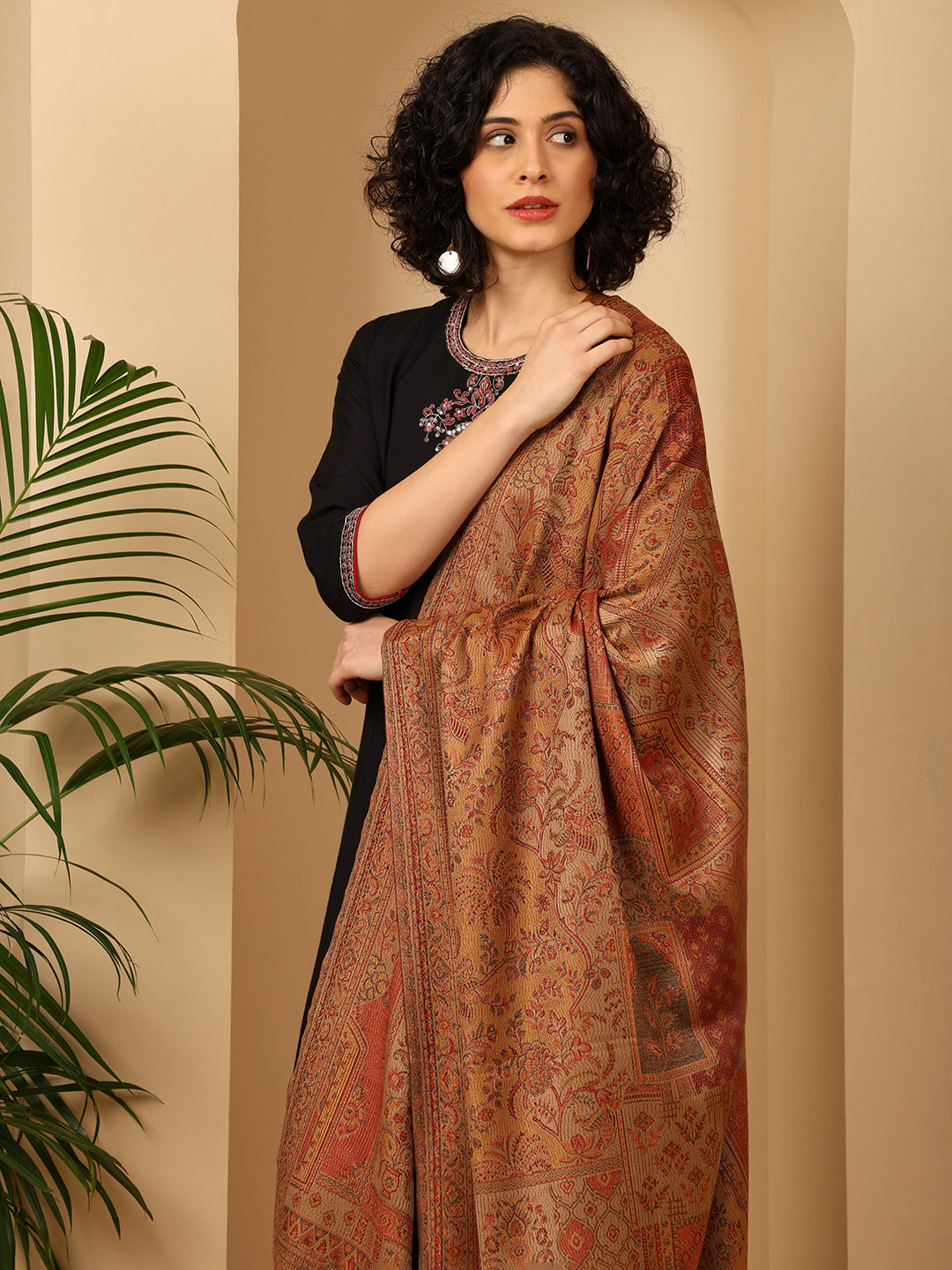 Tweedle Women’s Jamawar Shawl, Faux Pashmina - Beige, Size 40 x 80 inches