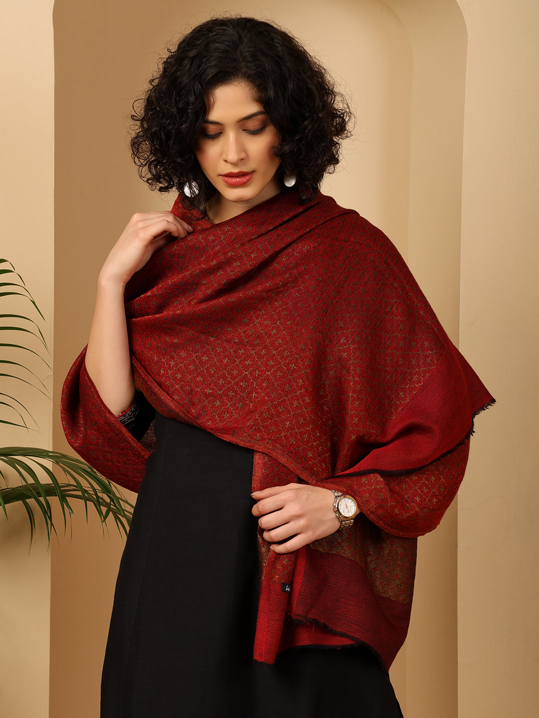 Tweedle Women’s Reversible Pashmina Wool Stole with Floral Zari Weave - Maroon