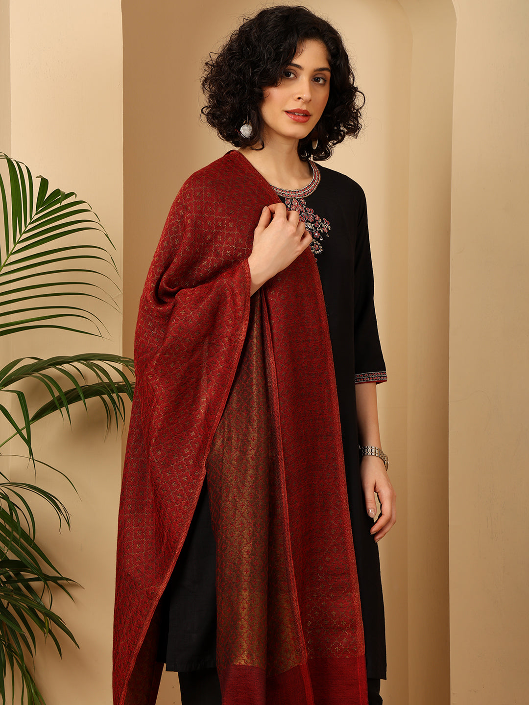 Tweedle Women’s Reversible Pashmina Wool Stole with Floral Zari Weave - Maroon