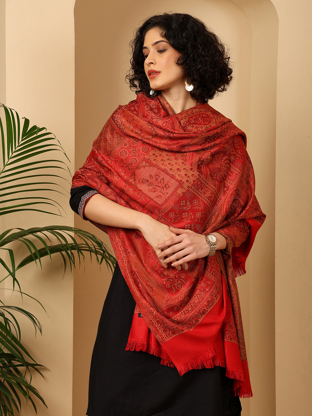 Tweedle Women’s Jamawar Shawl, Faux Pashmina - Maroon, Size 40 x 80 inches