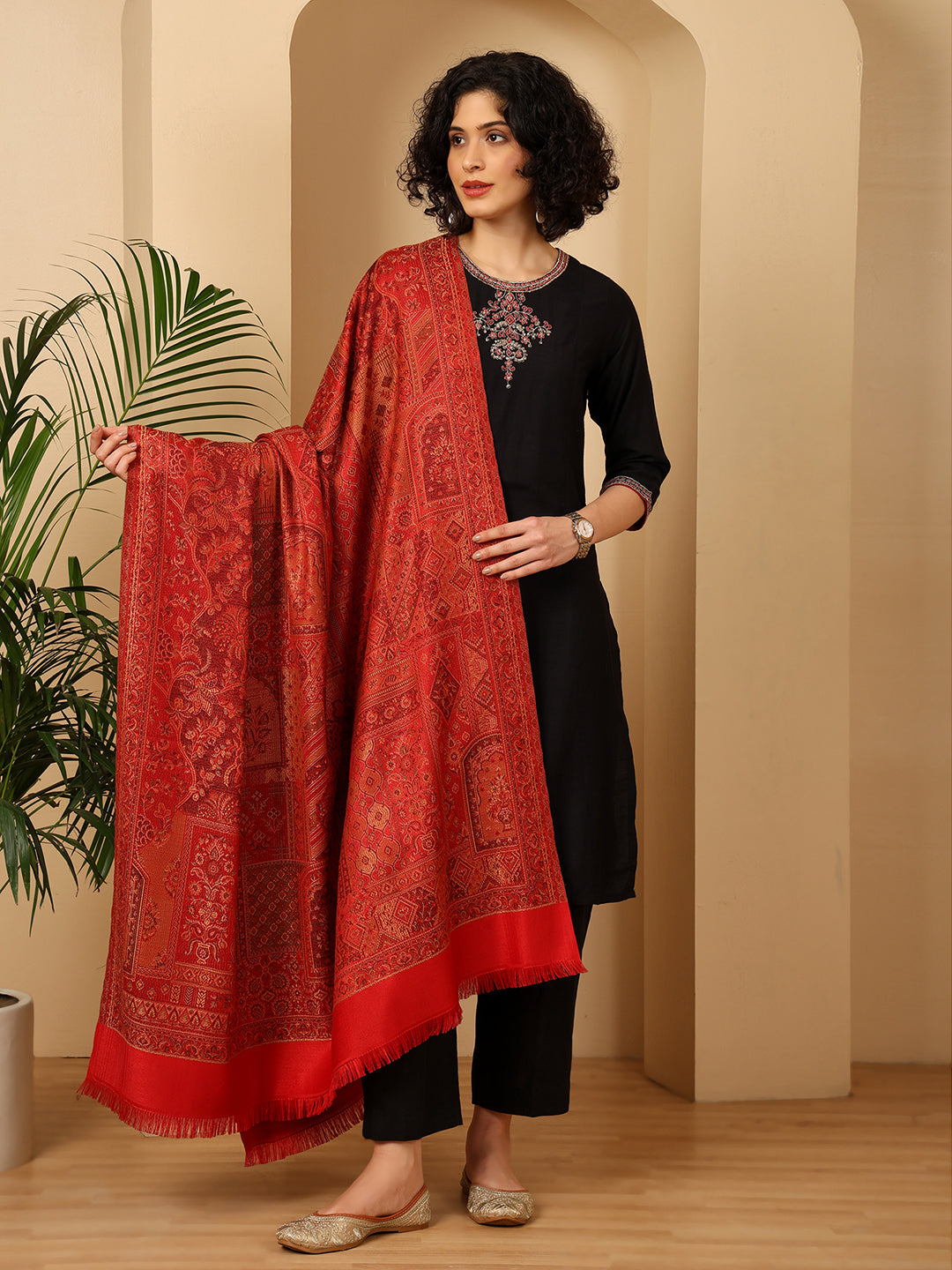 Tweedle Women’s Jamawar Shawl, Faux Pashmina - Maroon, Size 40 x 80 inches