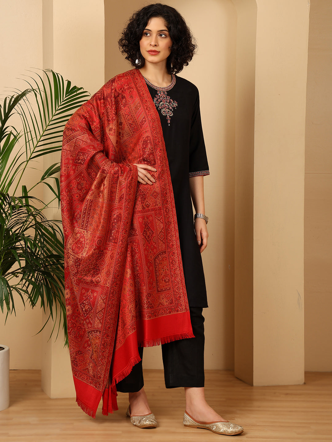 Tweedle Women’s Jamawar Shawl, Faux Pashmina - Maroon, Size 40 x 80 inches