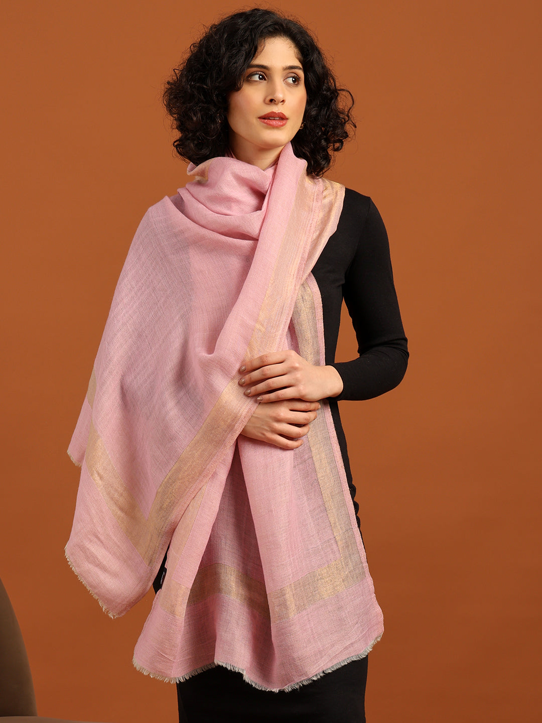 Tweedle Women’s Fine Wool Reversible Stole with Zari Border- Pink