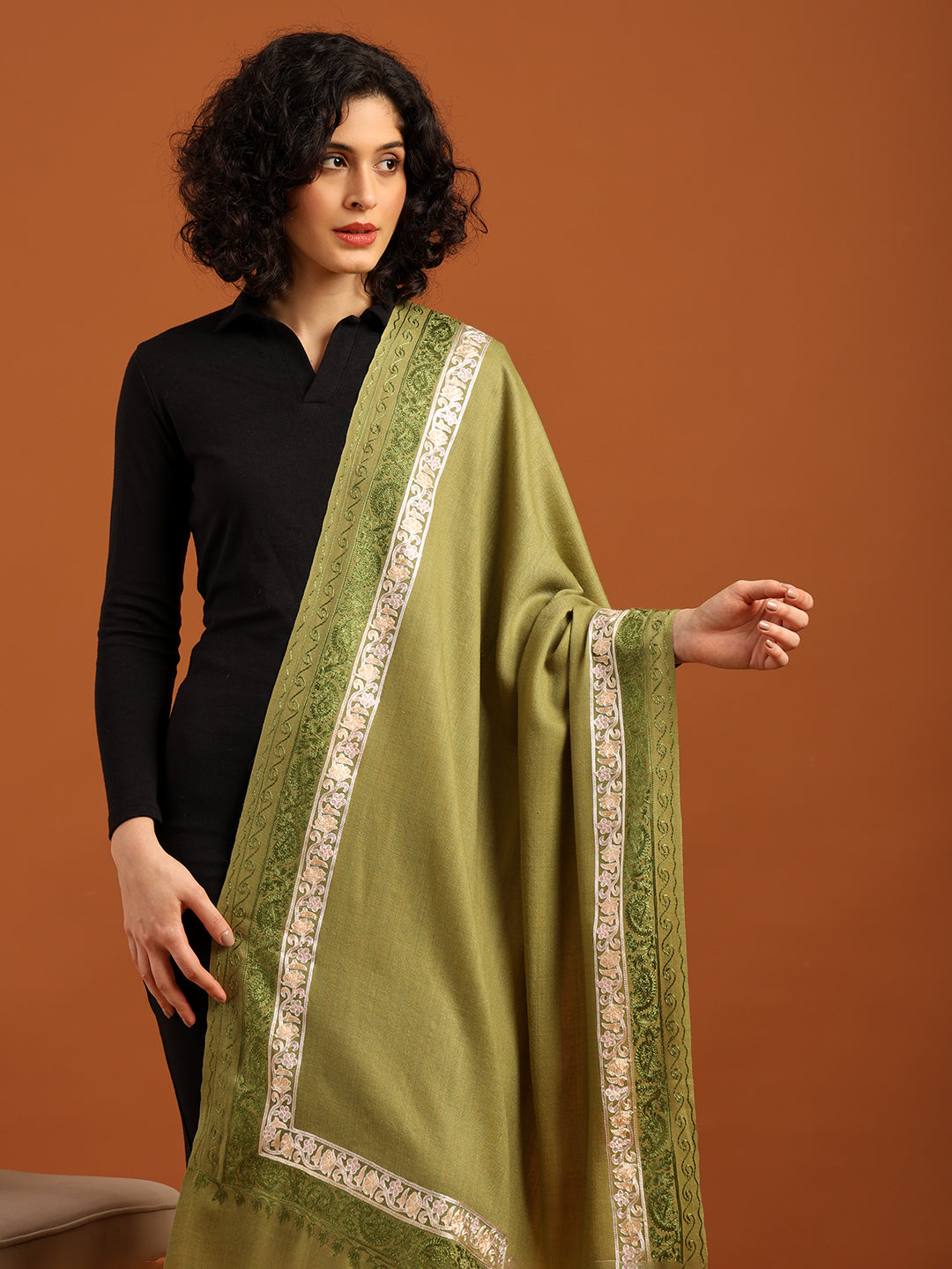 Tweedle Fine Wool Embroidered Stole for Women - Green, Size -28x80