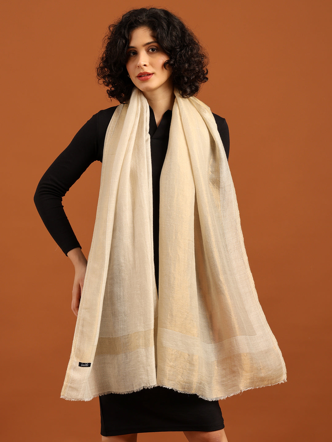 Tweedle Women’s Fine Wool Reversible Stole with Zari Border- Off-White