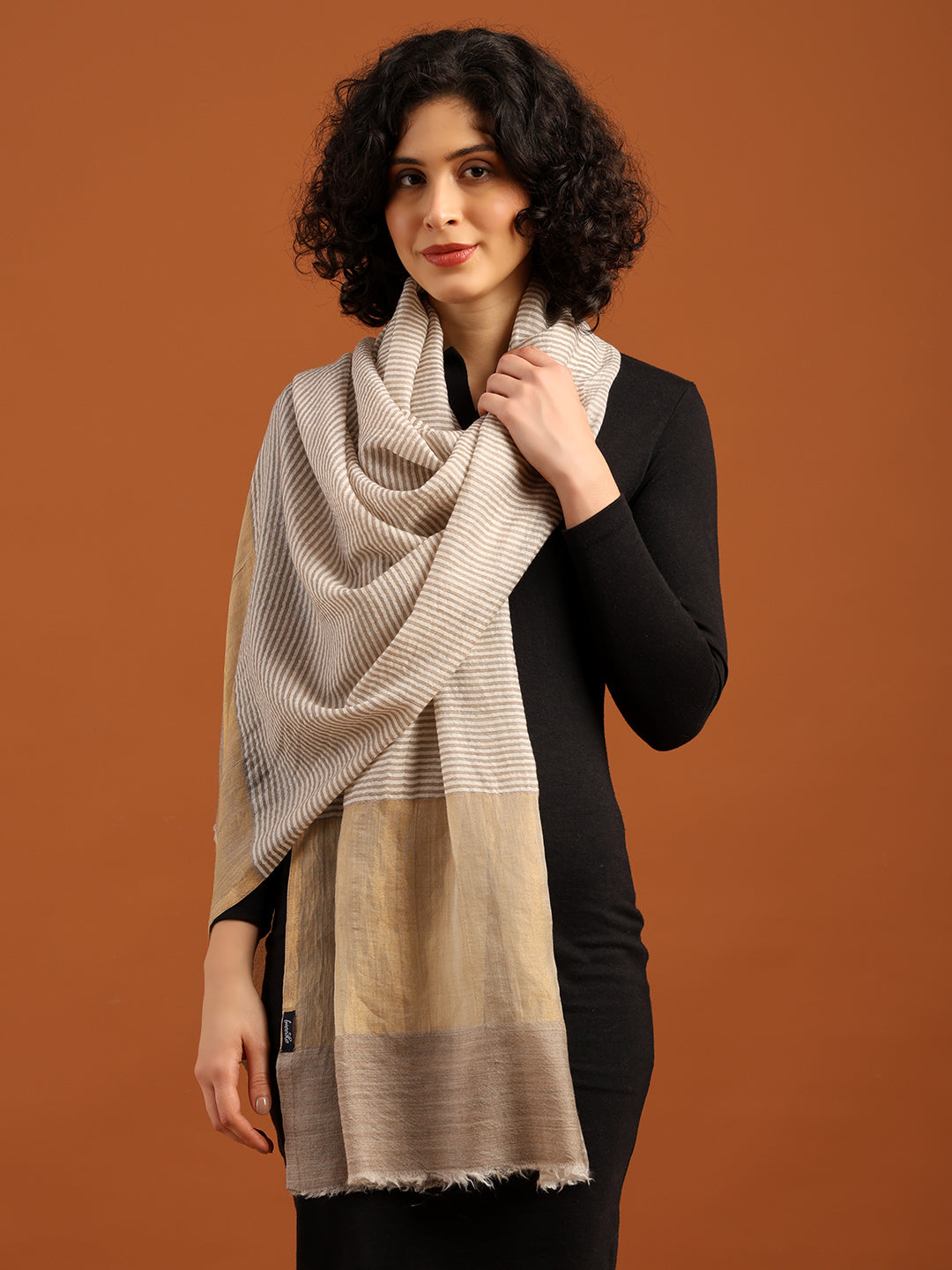 Tweedle Women’s Fine Wool Stole with Striped Zari Palla - Off-White