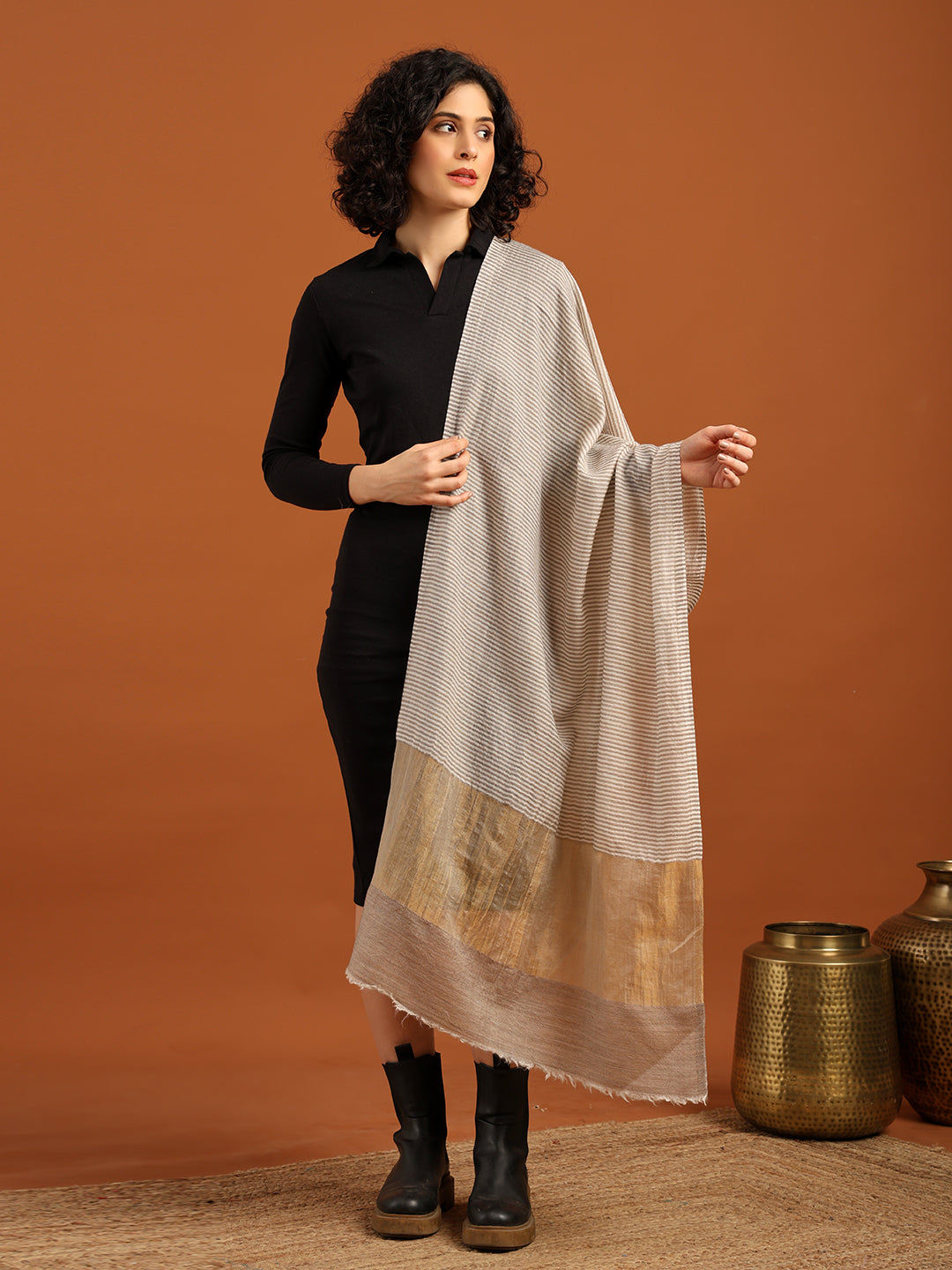 Tweedle Women’s Fine Wool Stole with Striped Zari Palla - Off-White