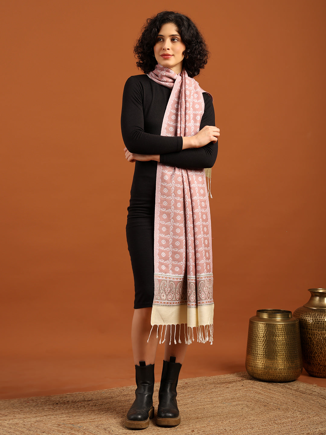 Reversible, Floral Design Blended Wool Stole for Women – Pink