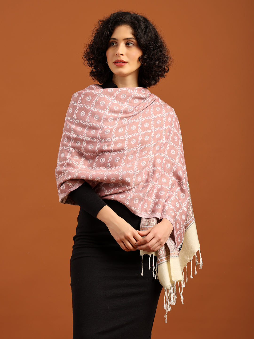 Reversible, Floral Design Blended Wool Stole for Women – Pink