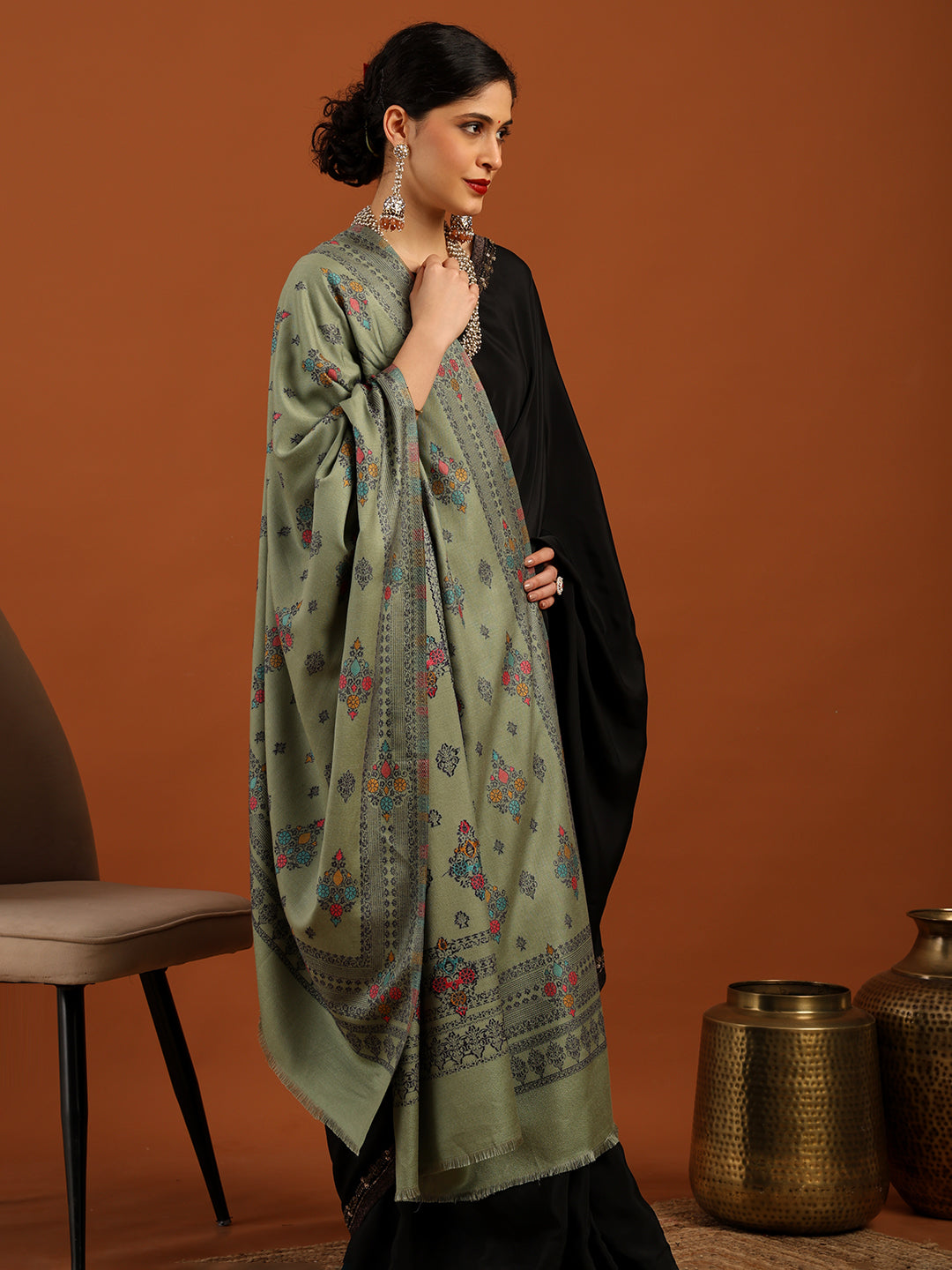 Tweedle Women’s Ethnic Design Faux Wool Shawl - Green, Size - 40 x 80 inches