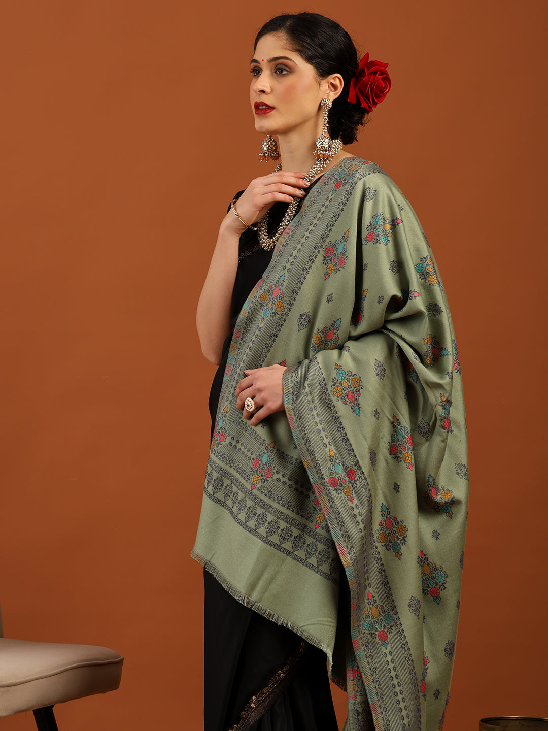 Tweedle Women’s Ethnic Design Faux Wool Shawl - Green, Size - 40 x 80 inches