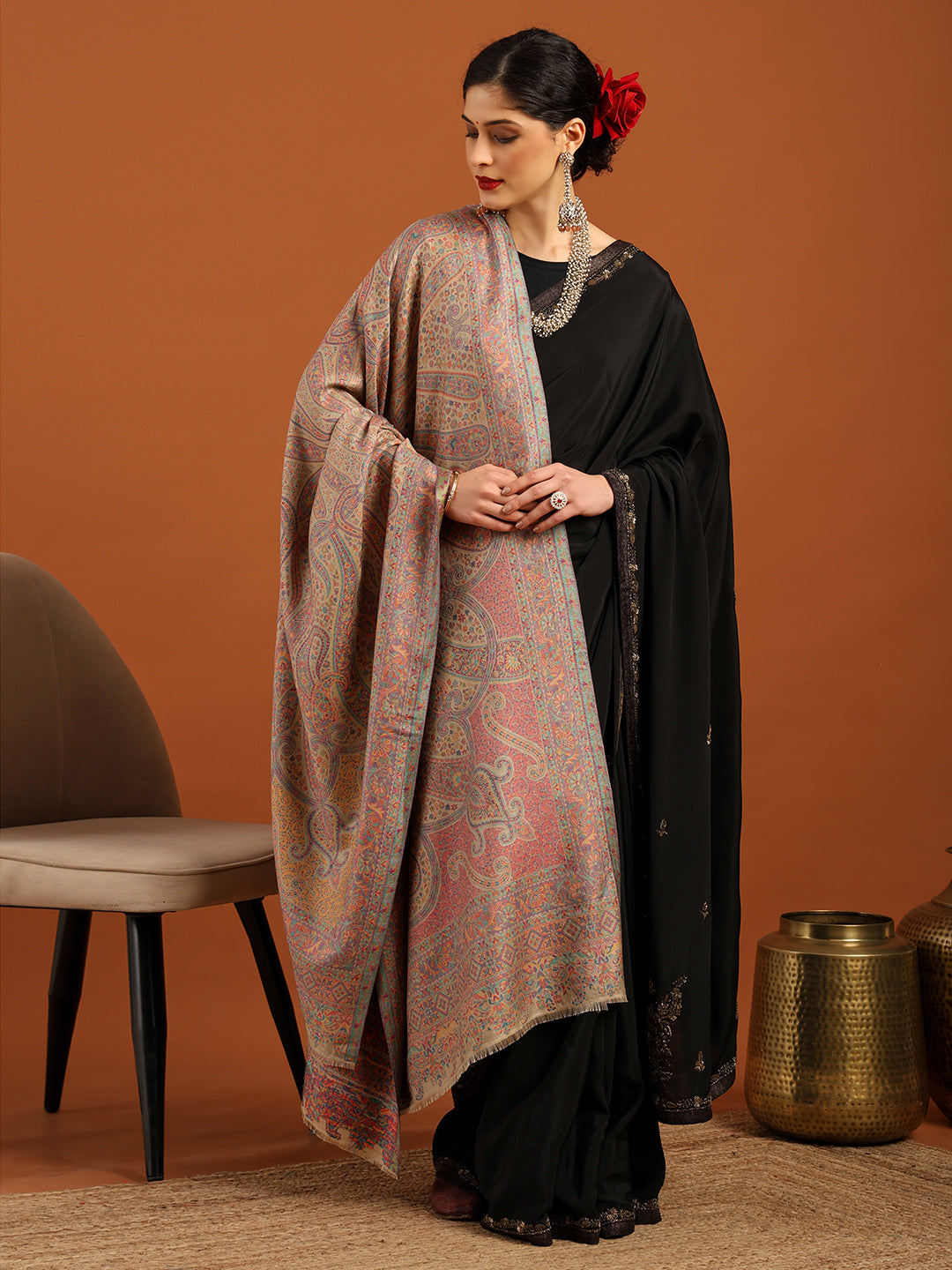 Tweedle Women’s Ruhani Kashmiri Kani Shawl - Beige, 40 x 80 inch