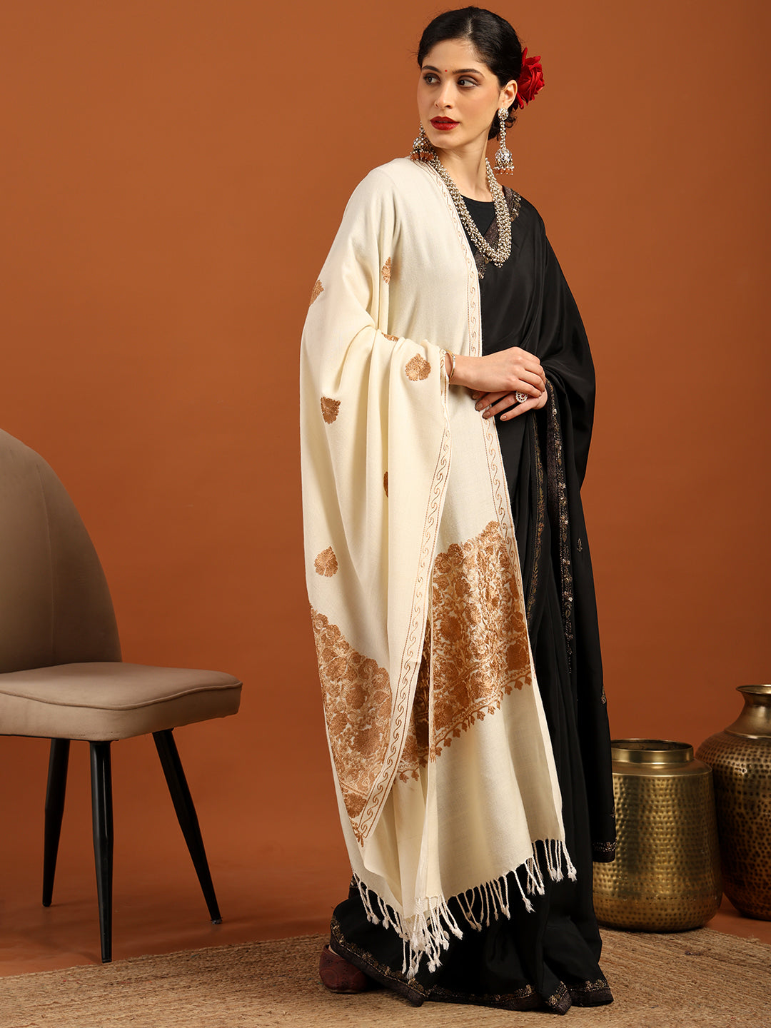 Tweedle Women’s Kashmiri Aari Embroidery Shawl / Stole - Off White, Size - 40 x 80 inches