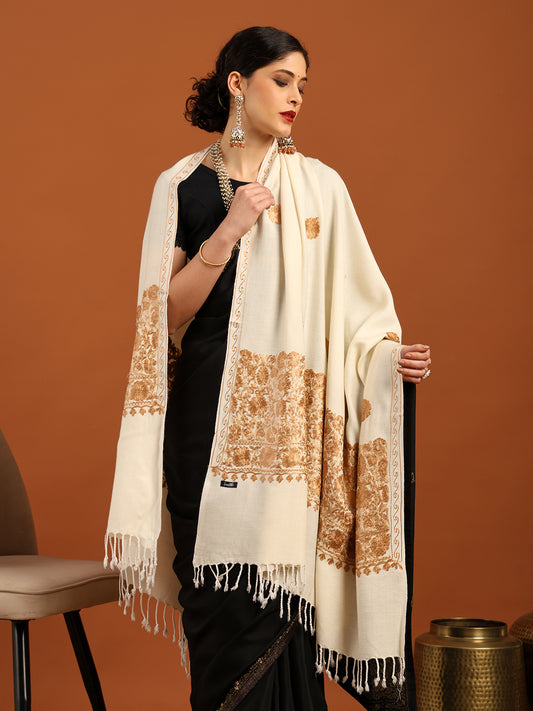 Tweedle Women’s Kashmiri Aari Embroidery Shawl / Stole - Off White, Size - 40 x 80 inches