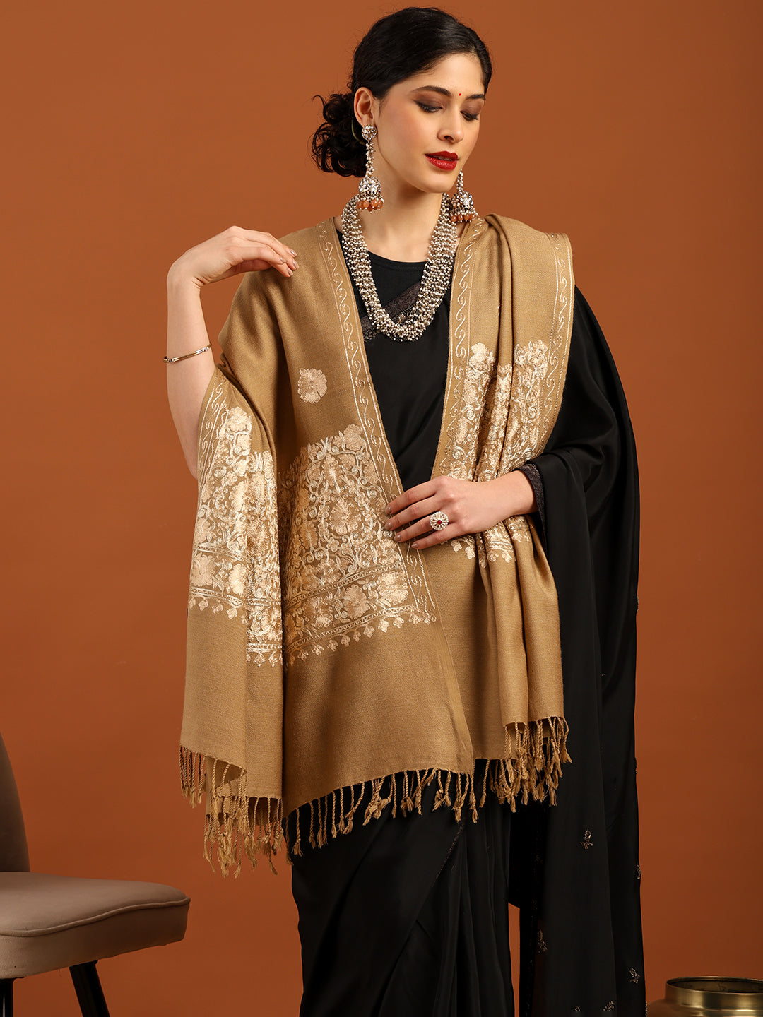 Tweedle Women’s Kashmiri Aari Embroidery Shawl / Stole - Beige, Size - 40 x 80 inches