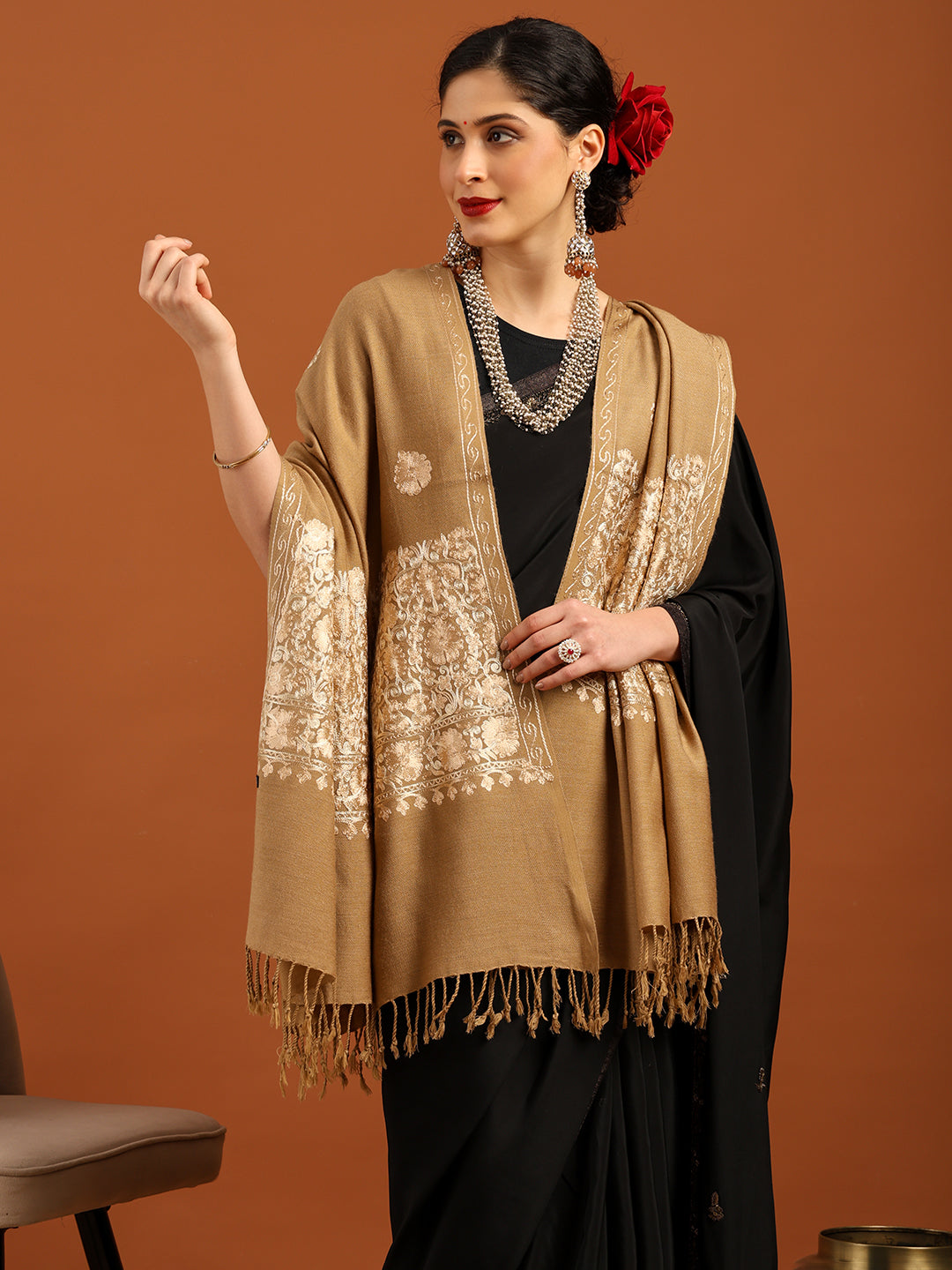 Tweedle Women’s Kashmiri Aari Embroidery Shawl / Stole - Beige, Size - 40 x 80 inches