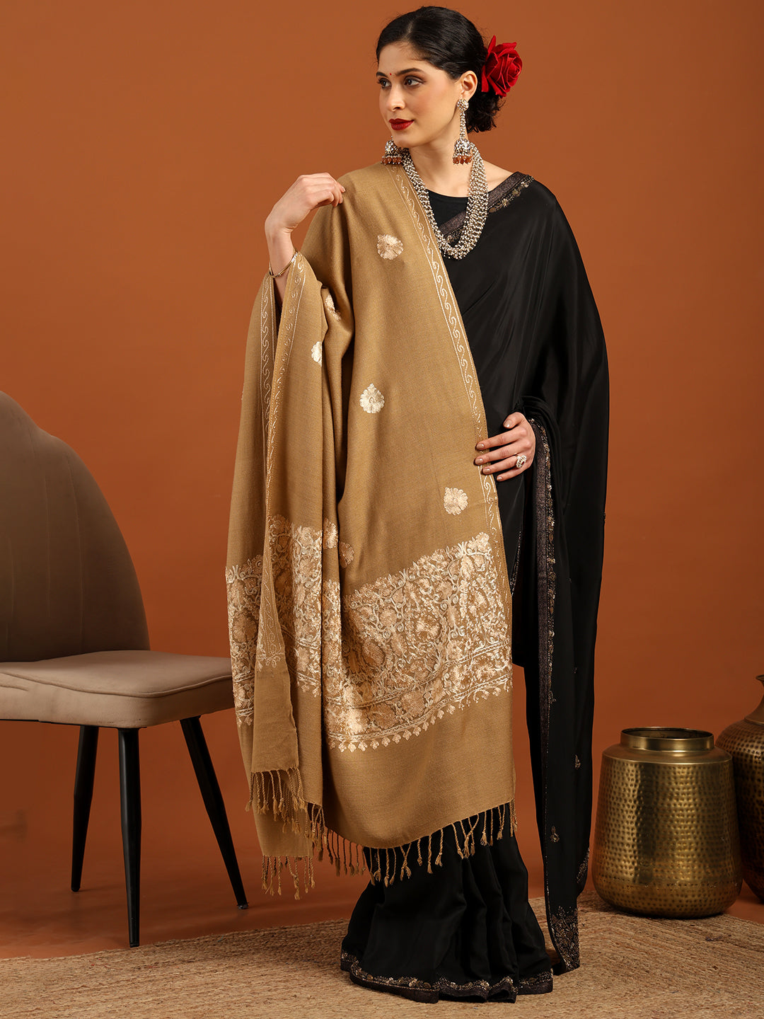 Tweedle Women’s Kashmiri Aari Embroidery Shawl / Stole - Beige, Size - 40 x 80 inches
