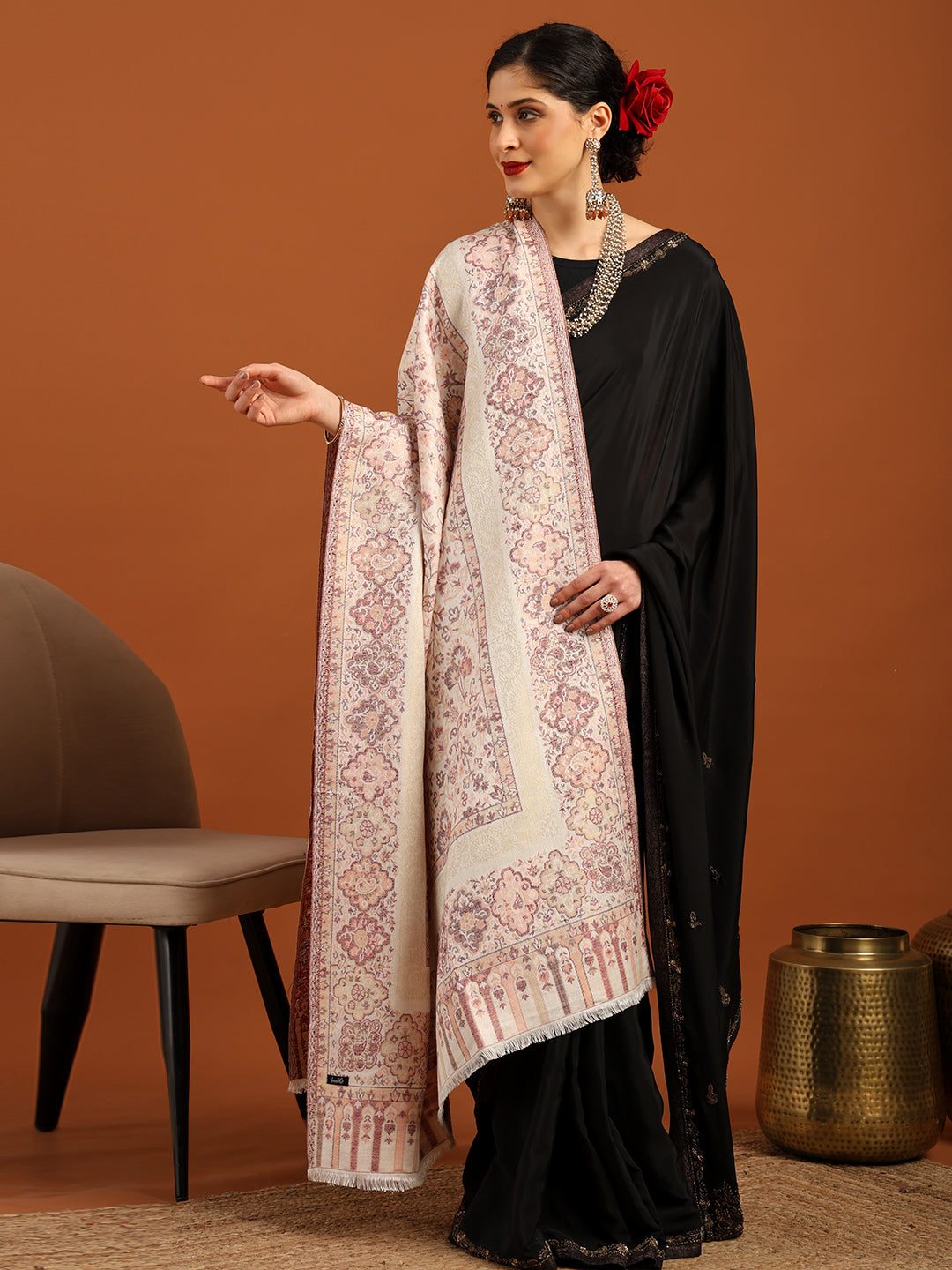 Tweedle Women’s Naira Kani Design and Zari Border - White, Size - 40 x 80 inches