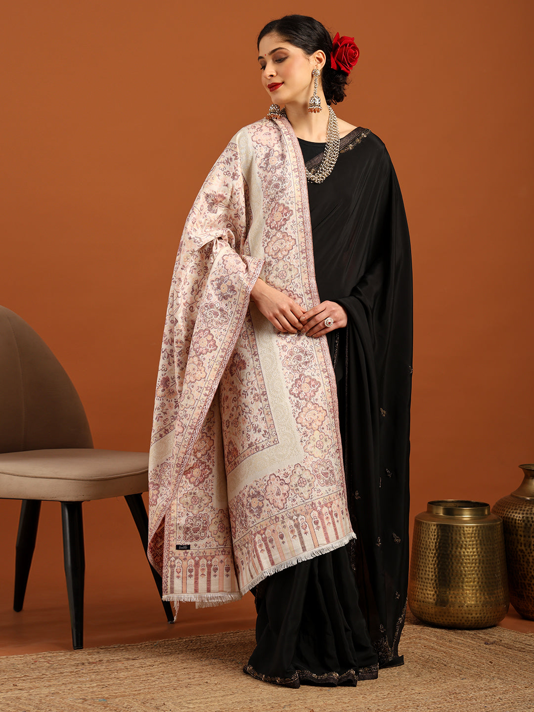 Tweedle Women’s Naira Kani Design and Zari Border - White, Size - 40 x 80 inches