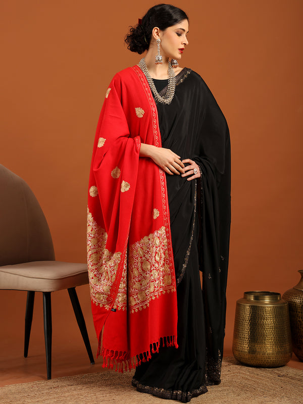 Tweedle Women’s Kashmiri Aari Embroidery Shawl / Stole - Red, Size - 40 x 80 inches