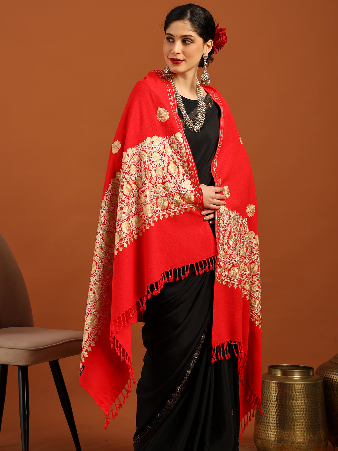 Tweedle Women’s Kashmiri Aari Embroidery Shawl / Stole - Red, Size - 40 x 80 inches