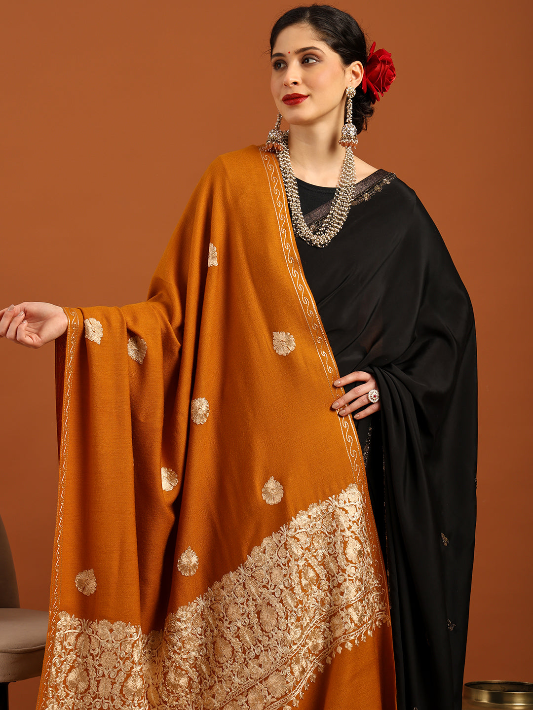 Tweedle Women’s Kashmiri Aari Embroidery Shawl / Stole - Mustard, Size - 40 x 80 inches