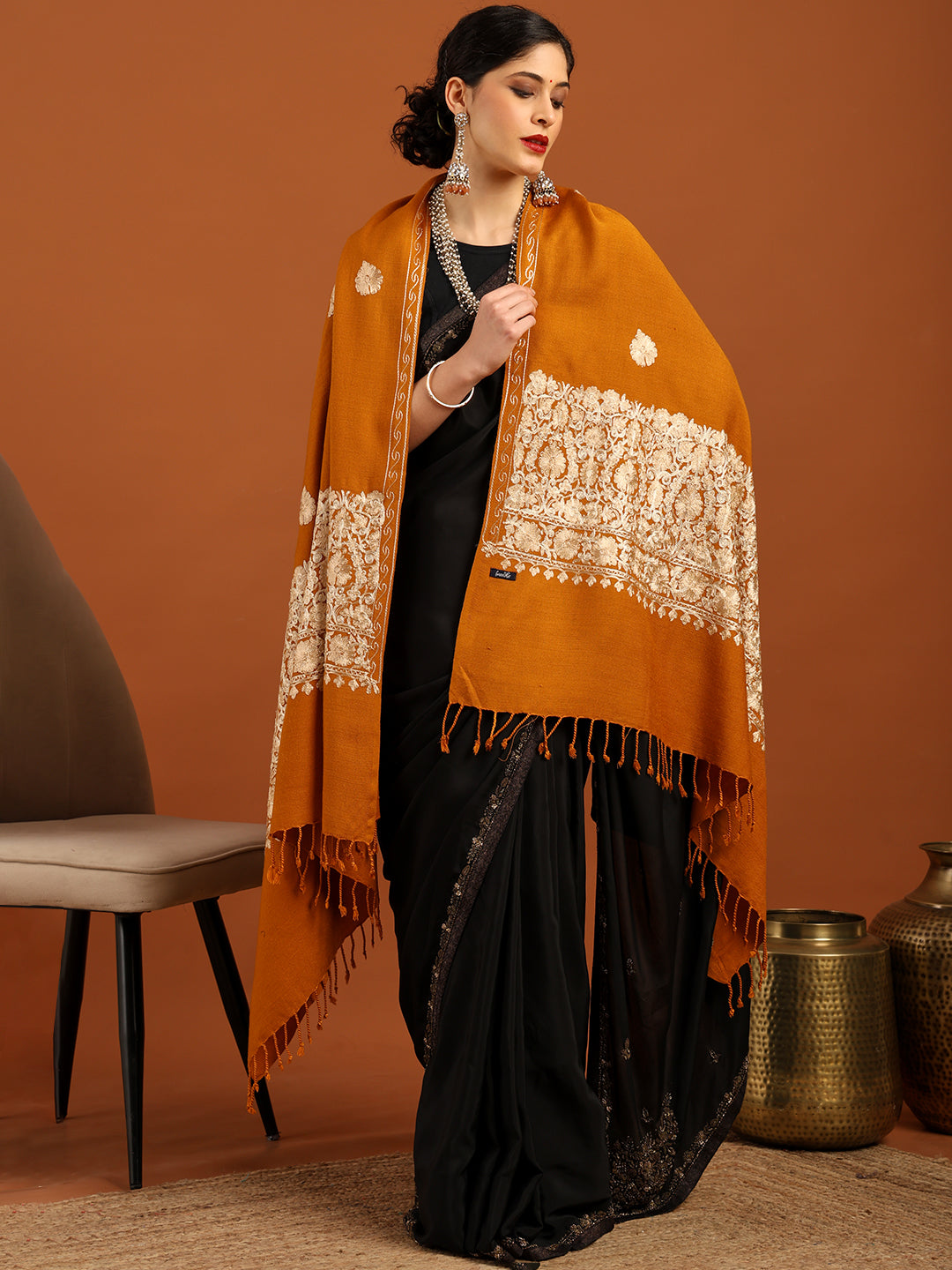 Tweedle Women’s Kashmiri Aari Embroidery Shawl / Stole - Mustard, Size - 40 x 80 inches