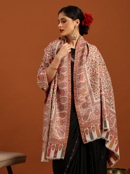 Tweedle Women’s Blended Wool Rajeshwari Kashmiri Kani Shawl - White