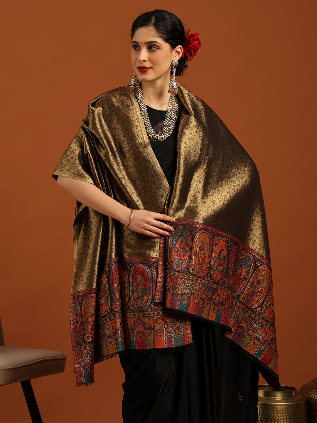 Woven Design, Ethnic Motifs Zari Shimmer Shawl for Women – Black