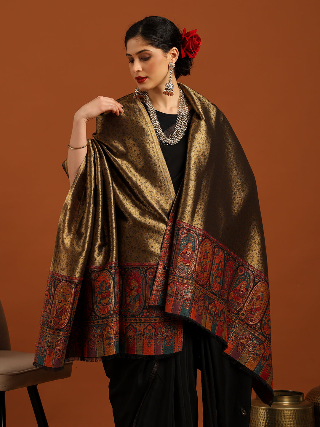 Woven Design, Ethnic Motifs Zari Shimmer Shawl for Women – Black