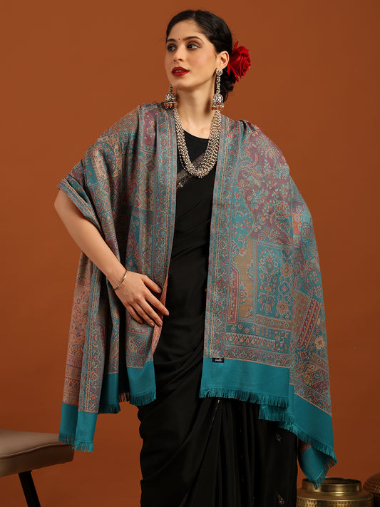 Tweedle Women’s Jamawar Shawl, Faux Pashmina - Turquoise, Size 40 x 80 inches