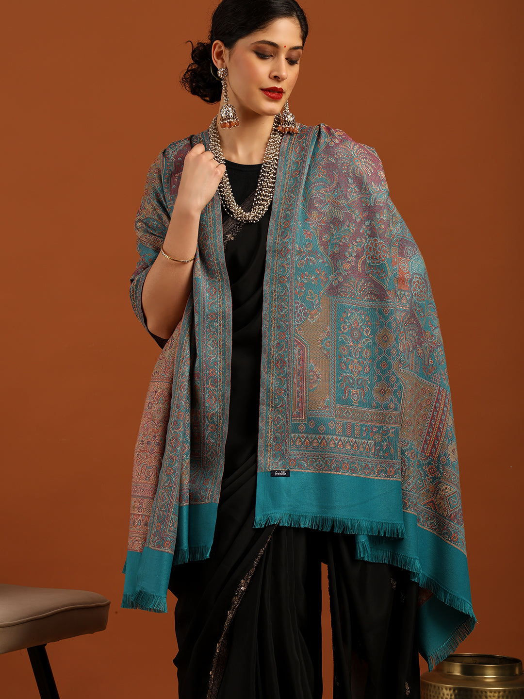 Tweedle Women’s Jamawar Shawl, Faux Pashmina - Turquoise, Size 40 x 80 inches