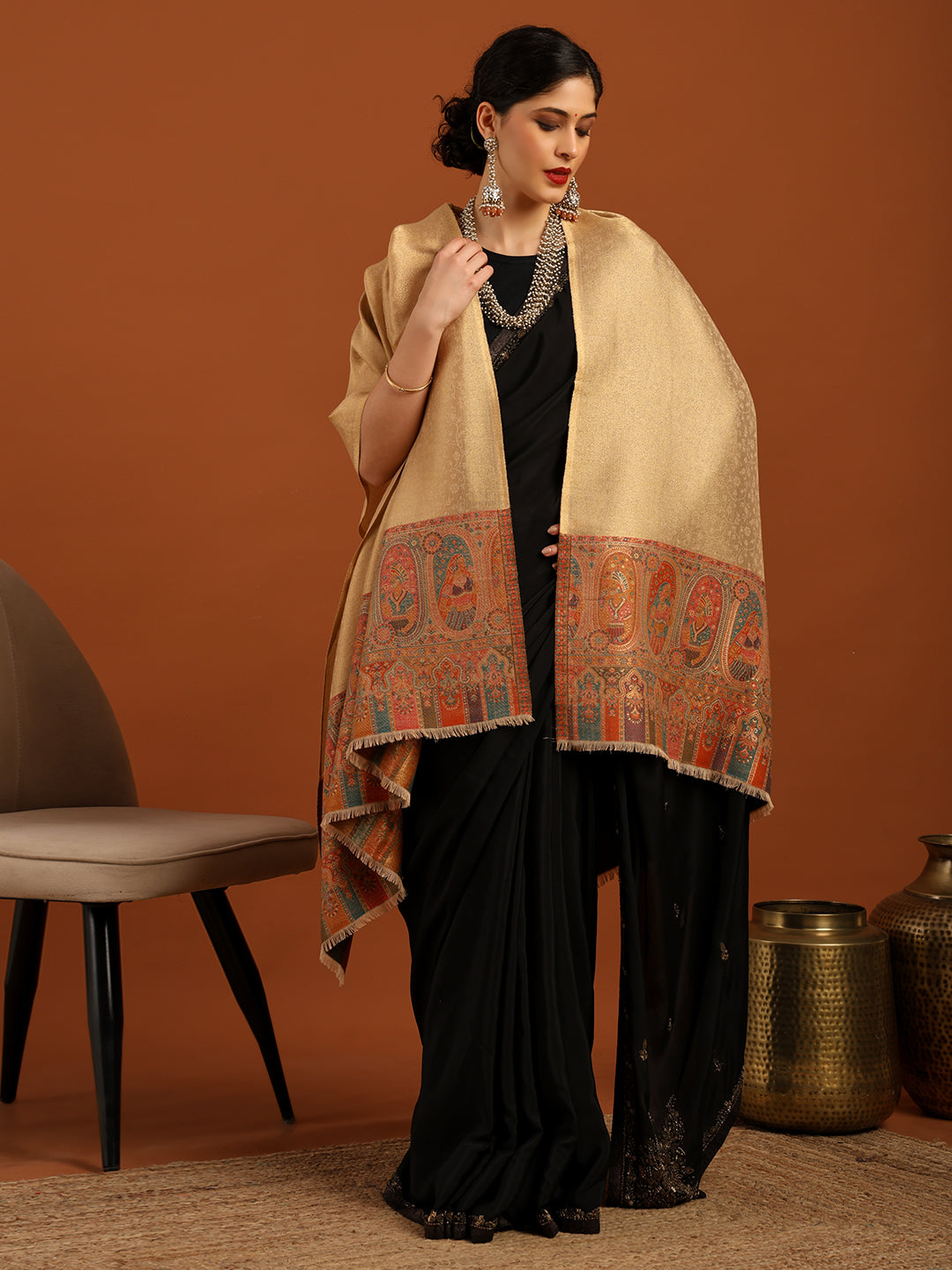 Woven Design, Ethnic Motifs Zari Shimmer Shawl for Women – Off-White