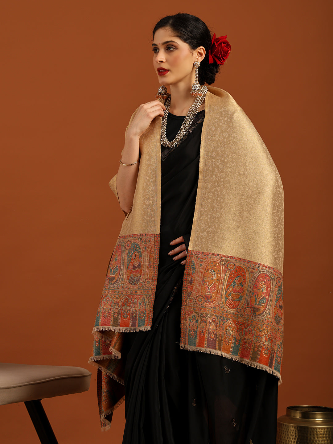 Woven Design, Ethnic Motifs Zari Shimmer Shawl for Women – Off-White