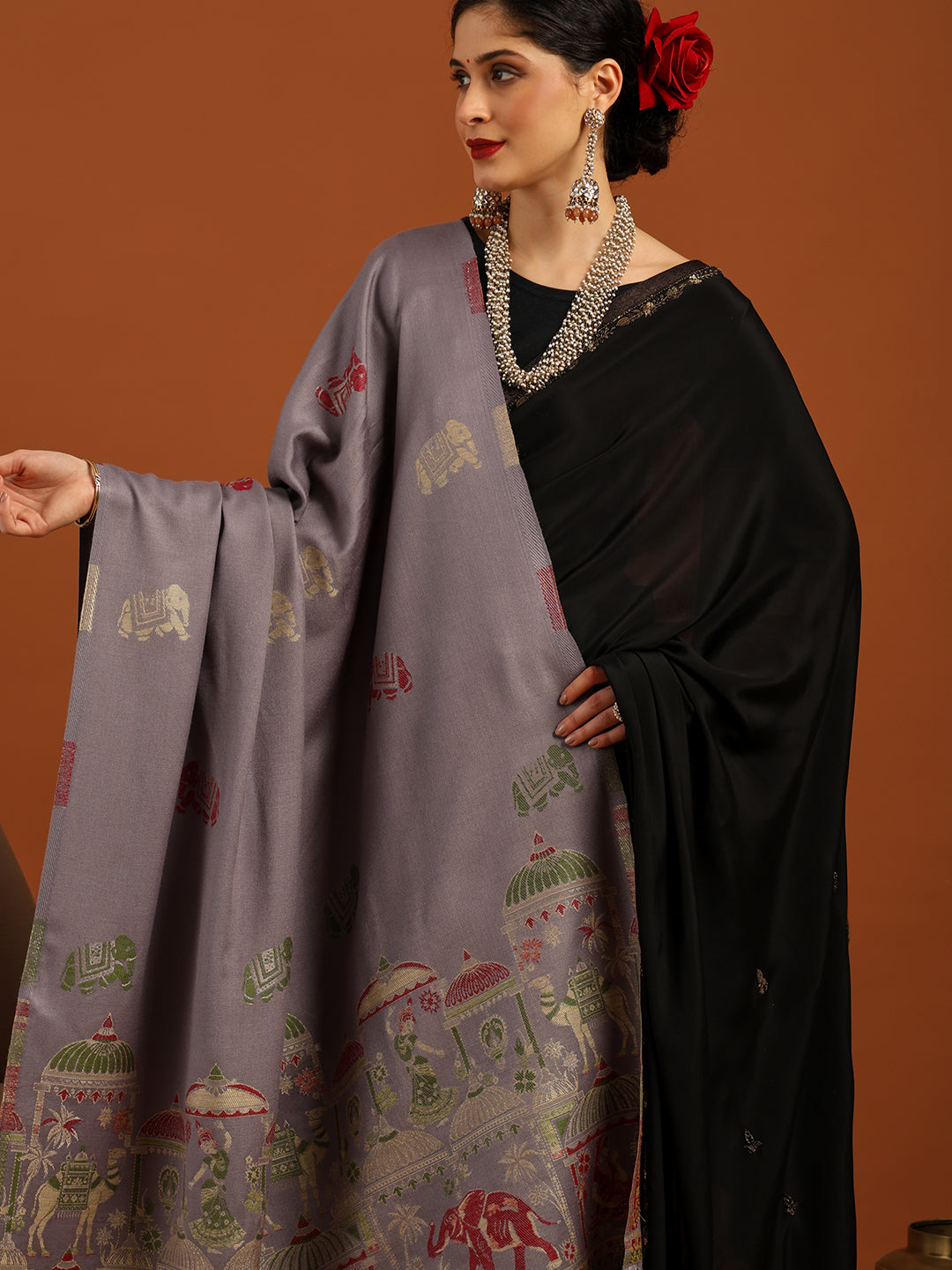 Tweedle Women’s Mahotsav Ethnic Design Zari Shawl, Faux Wool - Grey, Size - 40 x 80 inches