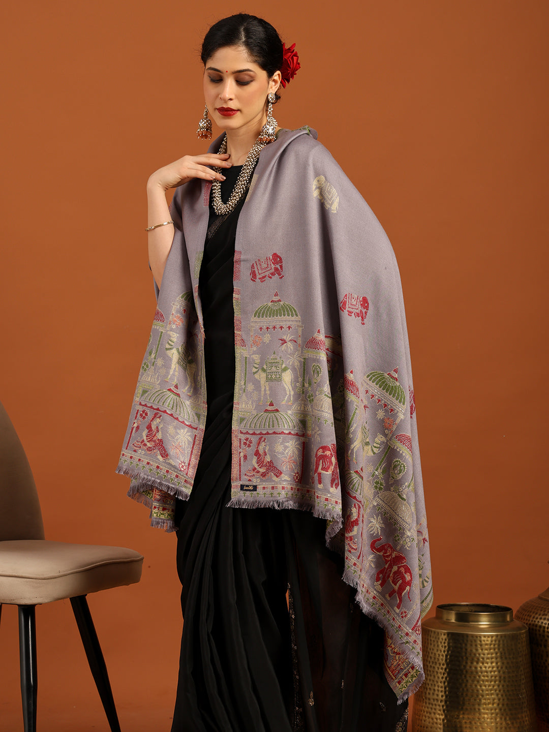 Tweedle Women’s Mahotsav Ethnic Design Zari Shawl, Faux Wool - Grey, Size - 40 x 80 inches