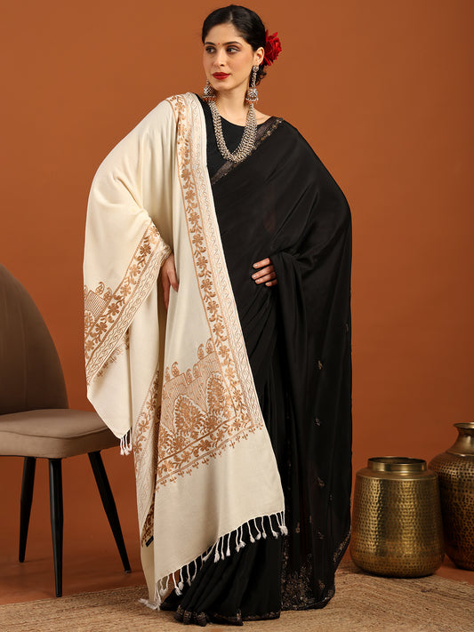 Tweedle Women’s Kashmiri Aari Embroidery Stole/ Scarf - Off-White, Size - 28 x 80 inches