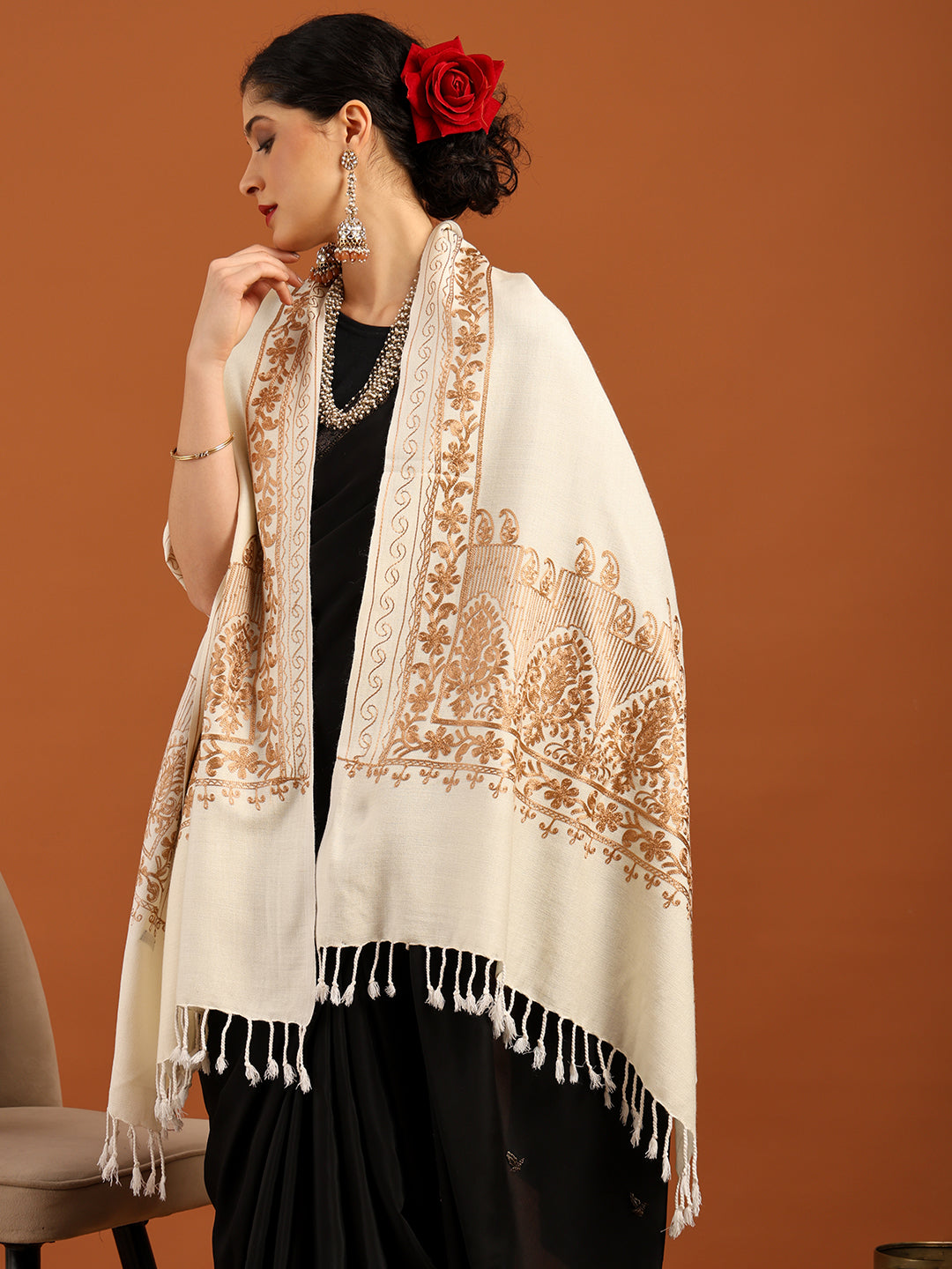 Tweedle Women’s Kashmiri Aari Embroidery Stole/ Scarf - Off-White, Size - 28 x 80 inches