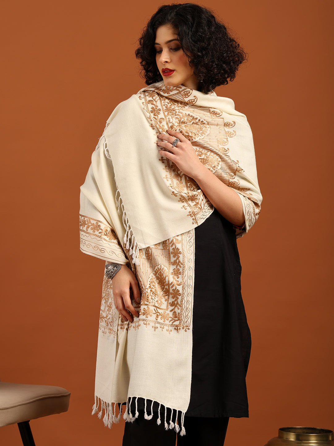 Tweedle Women’s Kashmiri Aari Embroidery Stole/ Scarf - Off-White, Size - 28 x 80 inches