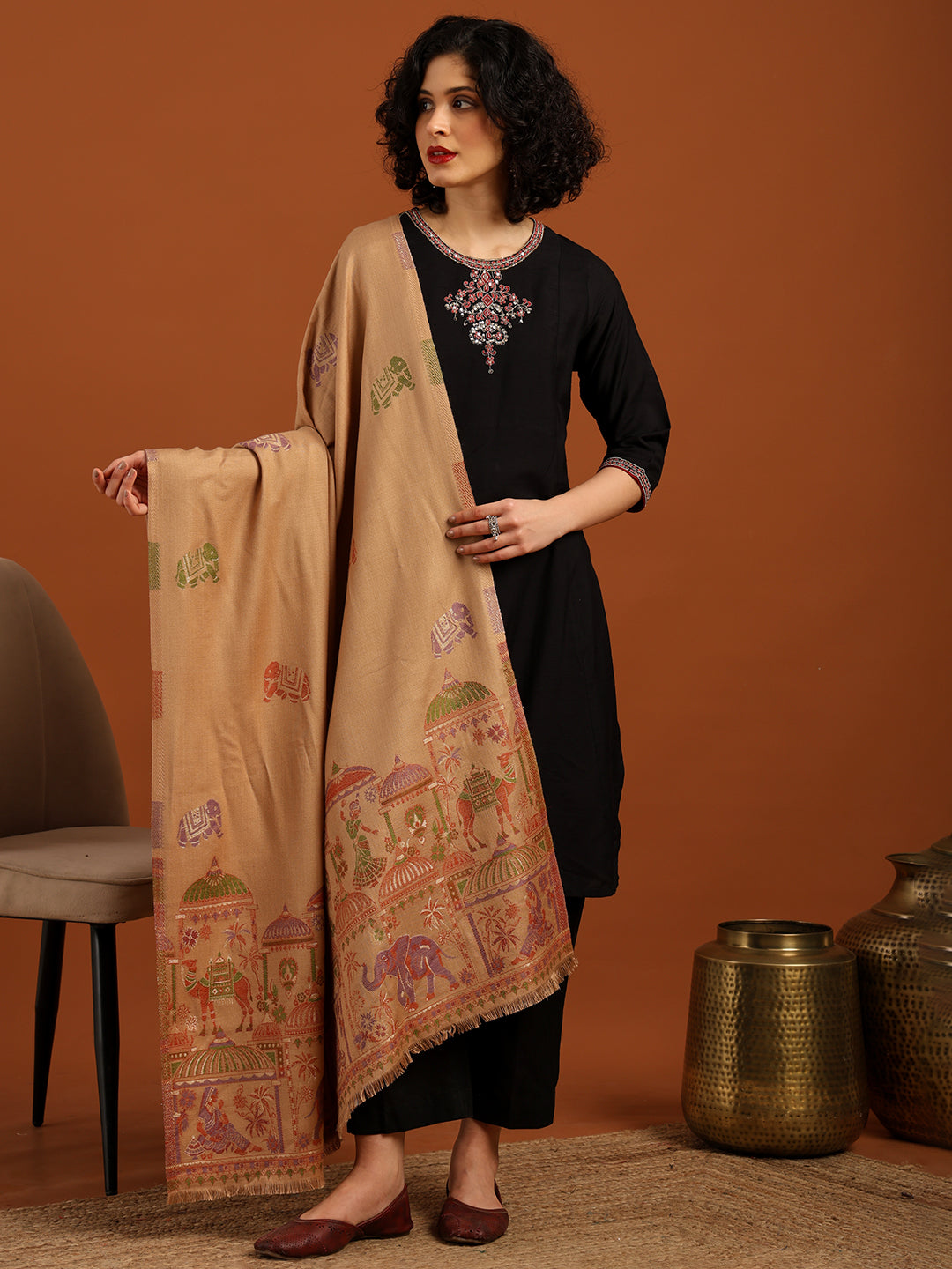 Tweedle Women’s Mahotsav Ethnic Design Zari Shawl, Faux Wool - Beige, Size - 40 x 80 inches