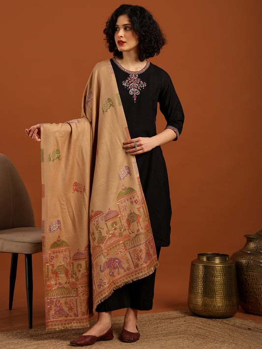 Tweedle Women’s Mahotsav Ethnic Design Zari Shawl, Faux Wool - Beige, Size - 40 x 80 inches