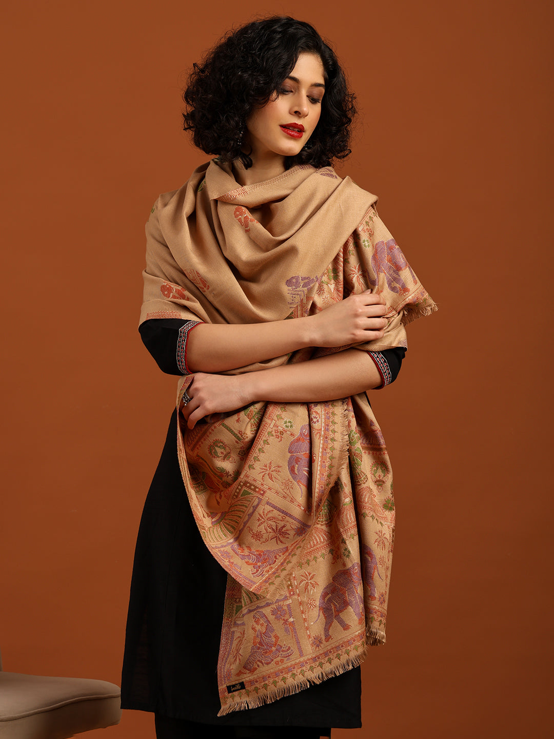 Tweedle Women’s Mahotsav Ethnic Design Zari Shawl, Faux Wool - Beige, Size - 40 x 80 inches