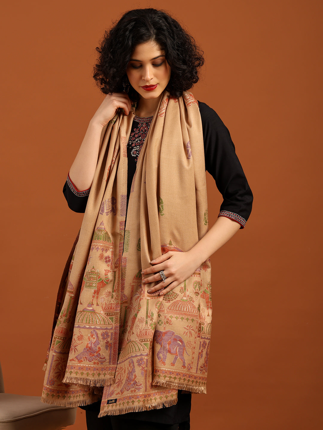 Tweedle Women’s Mahotsav Ethnic Design Zari Shawl, Faux Wool - Beige, Size - 40 x 80 inches