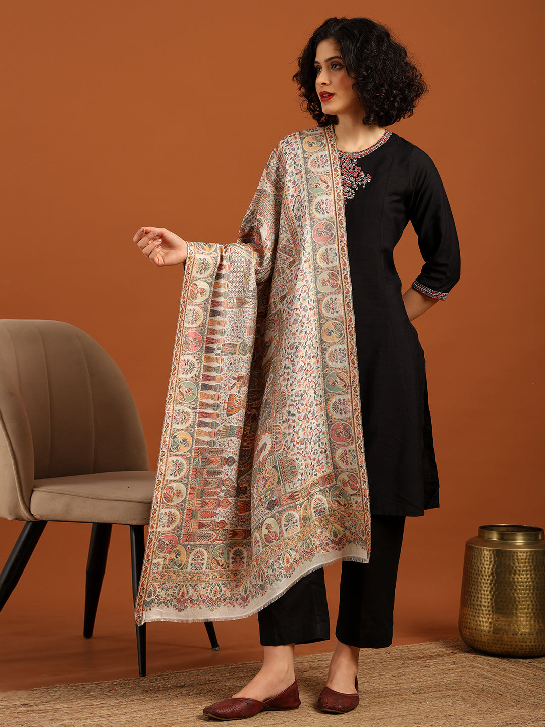 Tweedle Women’s Zari Weave, Darbar Design, Soft Bamboo Stole - White