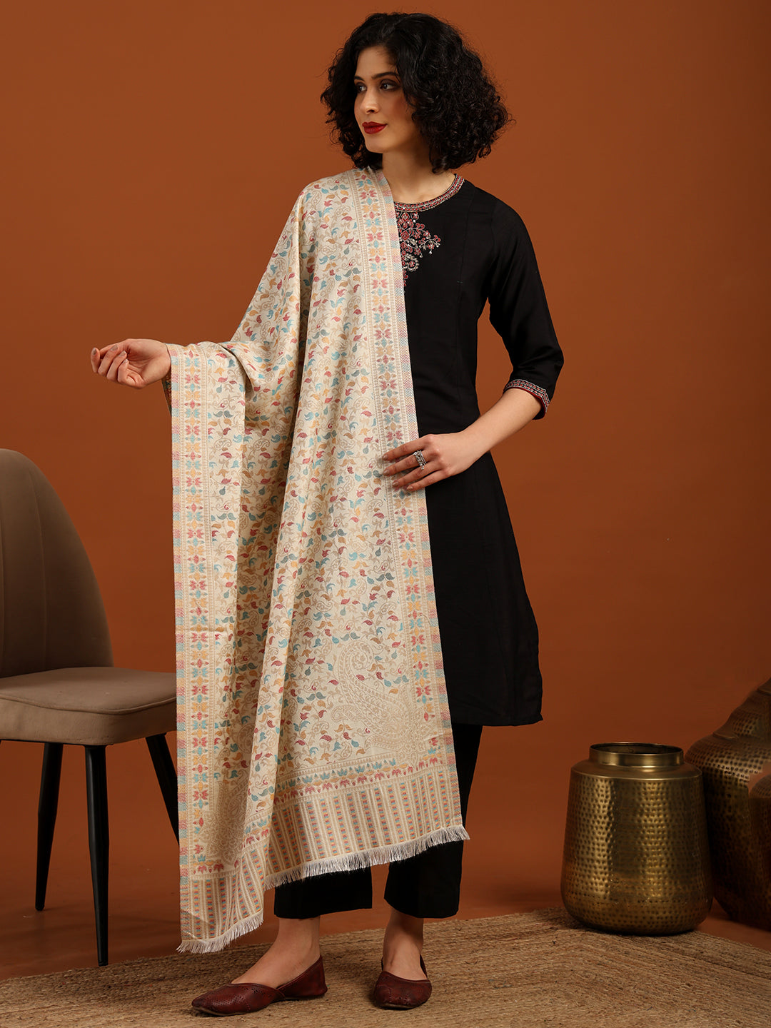 Tweedle Women’s Ethnic Kashmiri Kani Stole/ Scarf- White, Size - 28 x 80 inches