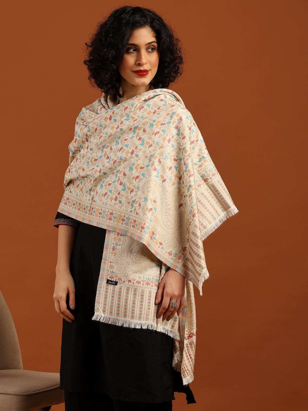 Tweedle Women’s Ethnic Kashmiri Kani Stole/ Scarf- White, Size - 28 x 80 inches