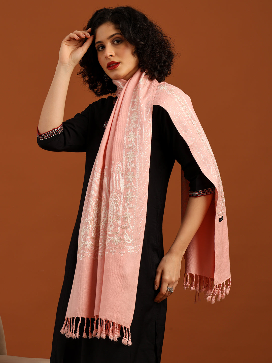 Tweedle Women’s Kashmiri Aari Embroidery Stole/ Scarf - Pink, Size - 28 x 80 inches