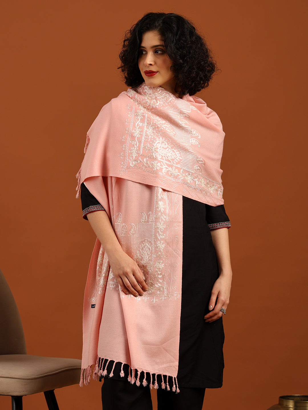 Tweedle Women’s Kashmiri Aari Embroidery Stole/ Scarf - Pink, Size - 28 x 80 inches